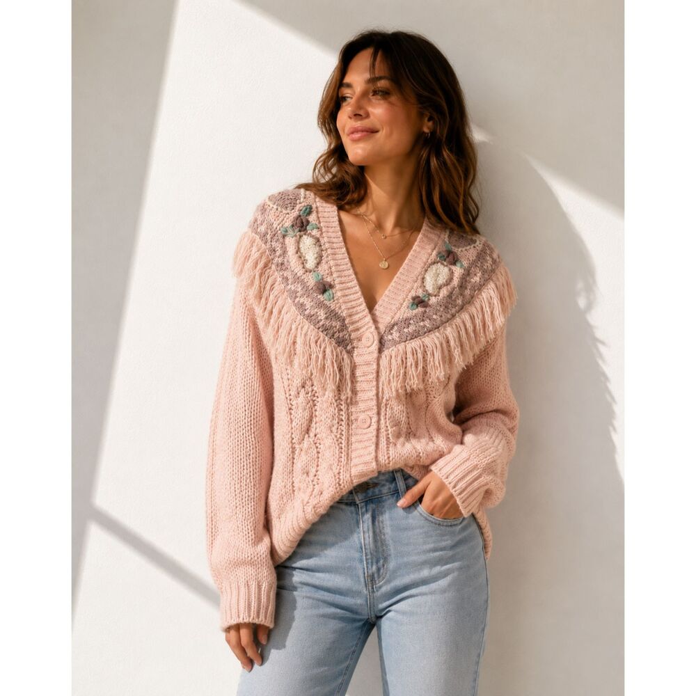 Vintage Handmade Pink Fringe Cardigan Women's Medium Cottagecore Ramie Knit